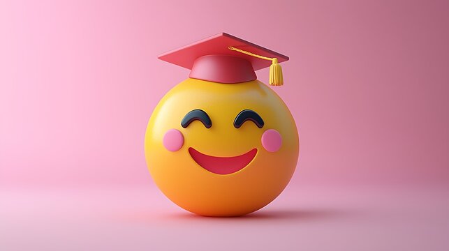Happy emoji graduate, pink background. Education celebration concept. - Powered by Adobe
