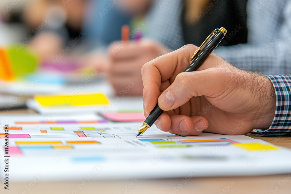Poster creative brainstorming session with hands writing on colorful notes and charts