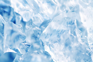 Close-up of ice crystals with a cool, blue tint and intricate details.