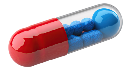 Red Capsule with Blue Pills: A close-up shot of a red capsule filled with blue pills.