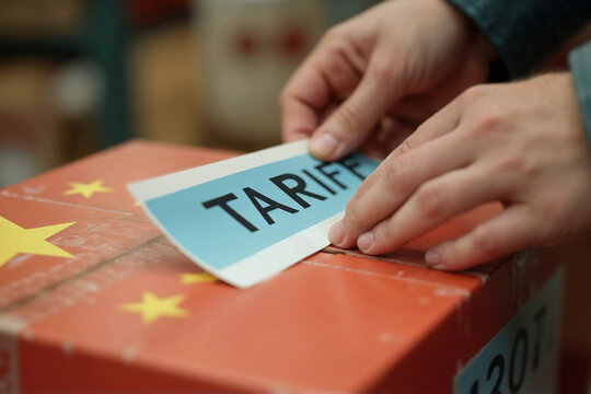 A sticker label with the text word 'TARIFF' being applied to an imported package with printed Chinese flag symbol on it. Concept on American slapping tariff on goods from China, US trade war policies.
