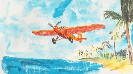 Obraz premium Orange airplane flying over tropical beach.