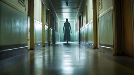 A shadowy apparition floating in the hallway of an abandoned asylum, with peeling paint on the walls and eerie lighting creating a chilling atmosphere, reflecting US urban legends of haunted 