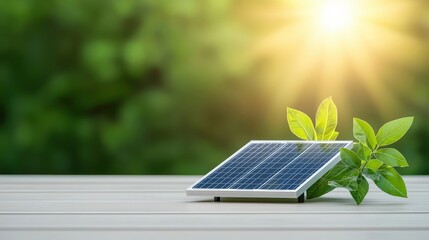 Fototapeta premium Solar Panel with Green Leaves in Bright Light
