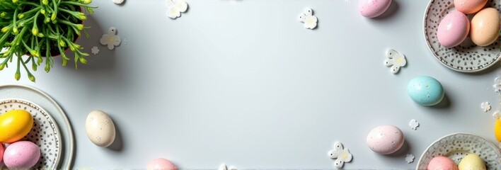 Fototapeta premium Colorful easter eggs and spring blossoms on light gray background