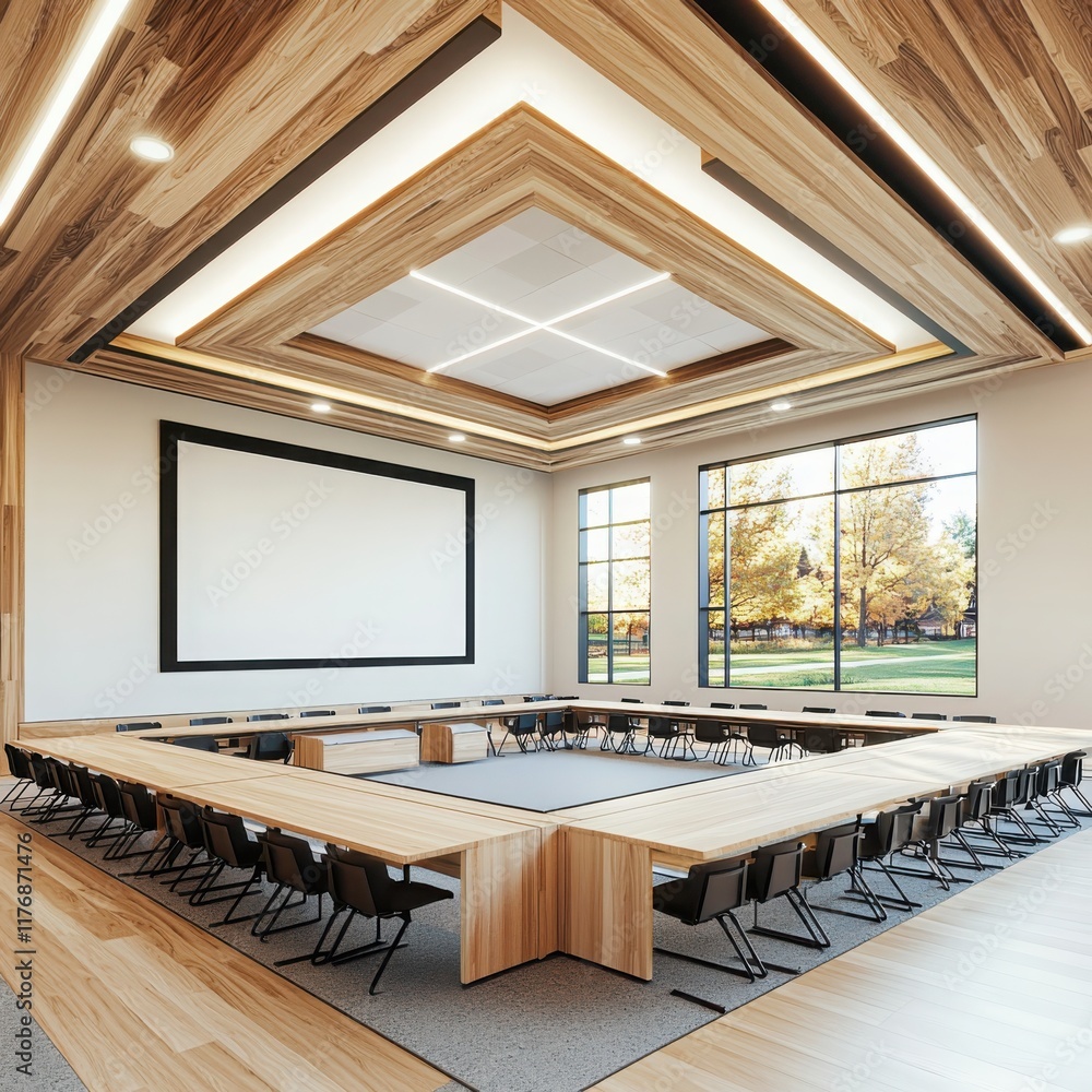 Poster innovative classroom design featuring open square arrangement modern educational space interior arch