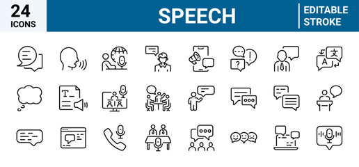Speech bubble web line icon set. Talk, people, man, user, dialog, chat, discussion. Editable stroke
