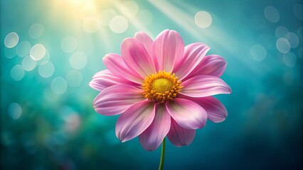 Fototapeta premium Delicate Pink Flower with Yellow Center, Teal Background - Stock Photo