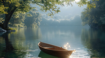A quiet atmosphere with a large lake and many lush trees around it, wooden deck, and a wooden boat floats on the lake in the distance.