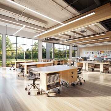 Innovative classroom design featuring makerspace concept modern educational environment interactive learning space collaborative viewpoint