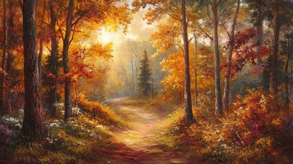 Obraz premium Autumnal forest path, sunlit trees, vibrant colors, oil painting.
