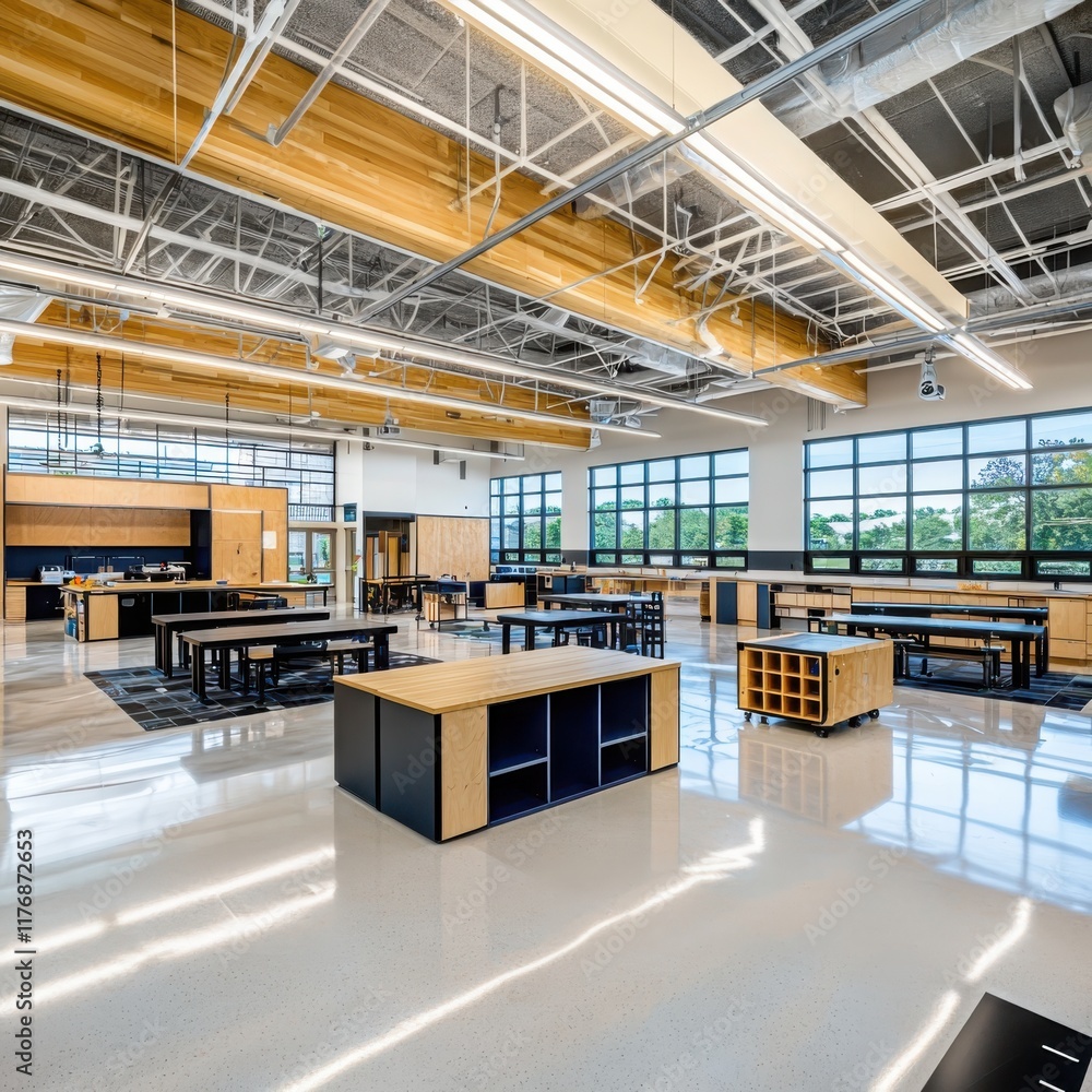 Poster innovative classroom design featuring makerspace concepts modern educational facility interior archi