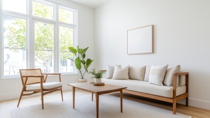Minimal lifestyle design. Bright, modern living room with a cozy sofa, chair, table, and indoor plant.