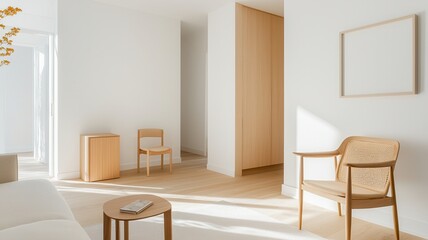 Fototapeta premium Minimal lifestyle design. Bright and minimalistic interior featuring wooden furniture and natural light.