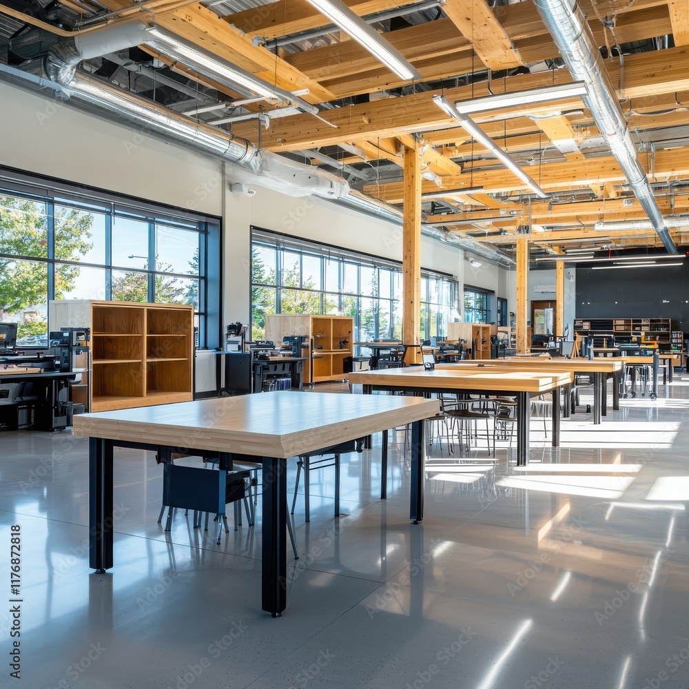 Poster innovative makerspace classroom design in modern educational environment collaborative learning spac