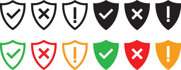 Shield check mark or cross mark icon set. Protect shield security symbol. Shield plus mark and Shield exclamation mark. Safety or protection sign
