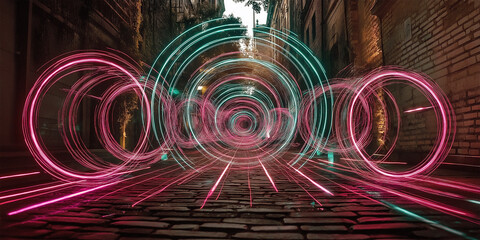 Fototapeta premium Symphony of Neon Circles: Digital Light Rings Dancing Through a Historic Cobblestone Alleyway at Twilight in a Futuristic Urban Setting