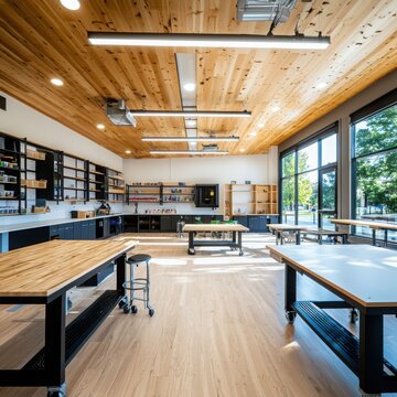 Innovative classroom design featuring a makerspace modern educational facility interior design collaborative environment wide-angle view creative learning concept