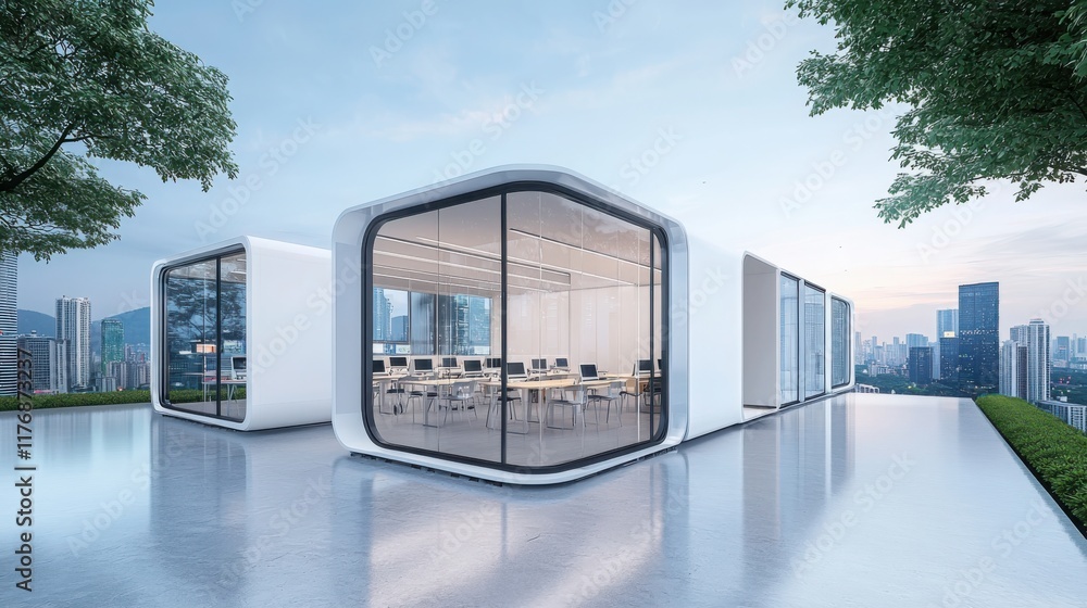Poster innovative modular classroom design showcasing modern architecture in urban environment with dynamic