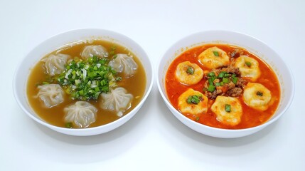 Two bowls of dumplings in broth and spicy sauce with green onions.