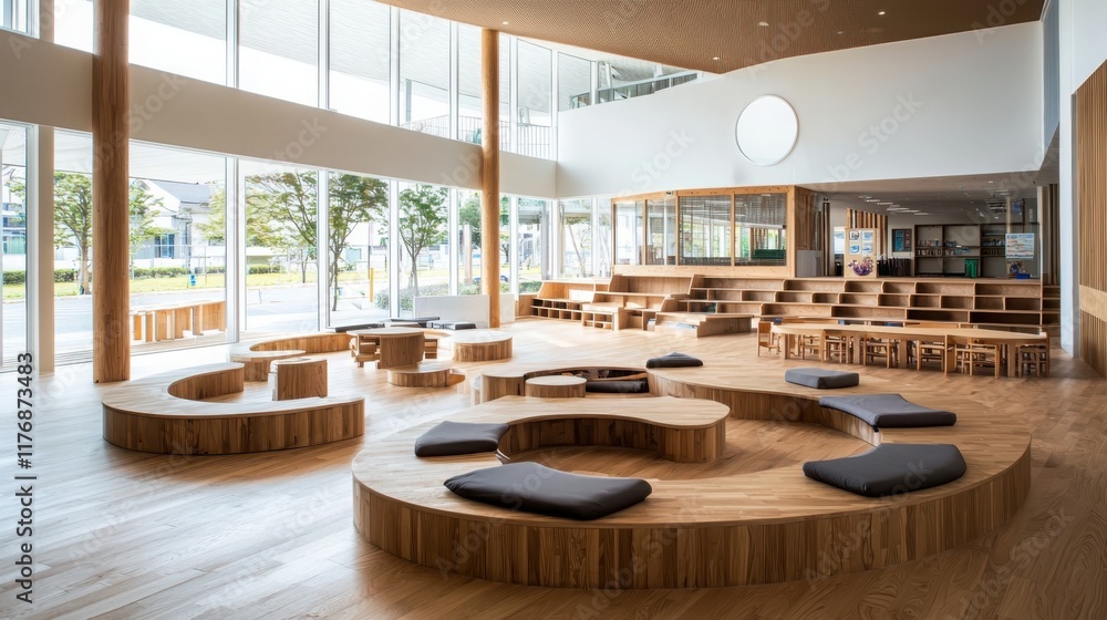 Poster innovative classroom design featuring polycentric layout modern educational space interior architect