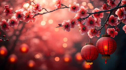 Vibrant and Festive Chinese New Year Background with Floral Sakura Branch and Lanterns Perfect for Lunar New Year Celebrations