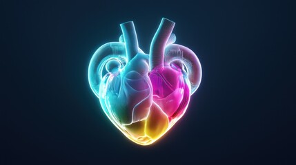 Colorful 3D rendering of a human heart with glowing effects.