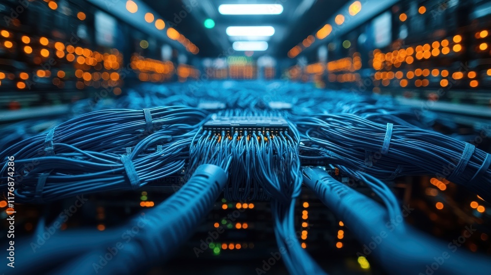 Poster intricate network of cables in a modern data center