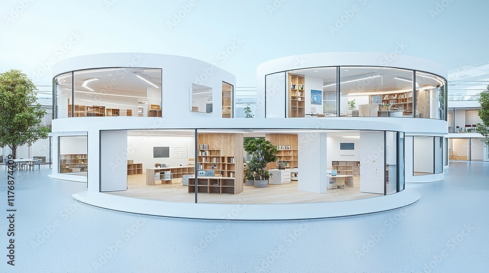 Poster innovative classroom design featuring polycentric layout modern learning space educational environme
