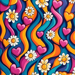Fototapeta premium abstract floral background, Seamless 70s daisy and heart pattern