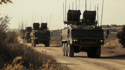 Fototapeta premium Military convoy with mobile defense units on dirt road, showcasing advanced technology and readiness for deployment. scene conveys sense of strength and preparedness