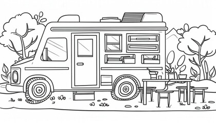 A coloring page featuring a camper van parked amidst nature. It includes a table and chairs setup outside. Ideal for children's activity books or coloring apps.
