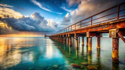 Obraz premium Double Exposure: Rusty Iron Pier & Bay, Dramatic Seascape Stock Photo