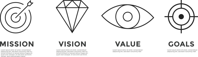 mission vision value icon with text. Business purpose goal concept. mission vision line style symbol
