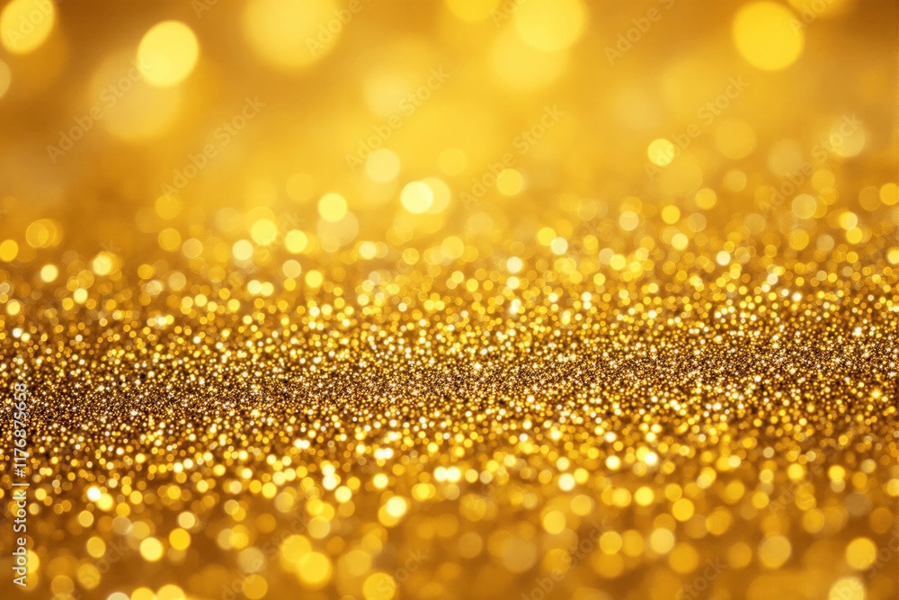 Poster glowing golden sparkles with bokeh light effects on a blurred golden background, creating a festive 