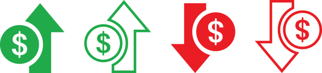 Money increase or decrease icon set. dollar decrease increase symbol. profit and lose signs. 
