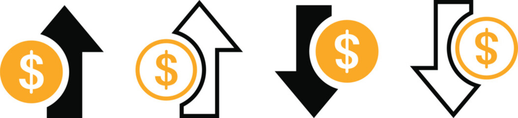 Money increase or decrease icon set. dollar decrease increase symbol. profit and lose signs. 
