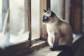 Siamese cat sitting on a sunny window