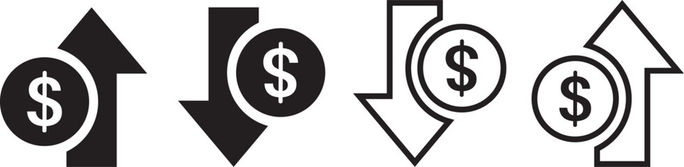 Money increase or decrease icon set. dollar decrease increase symbol. profit and lose signs. 
