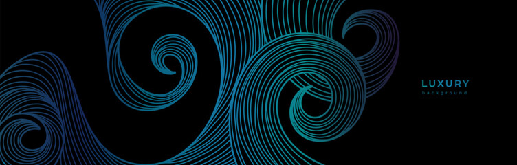 Obraz premium Banner with linear waves. Shiny blue waves on black background. Swirl pattern. Curved lines. Horizontal template with water texture