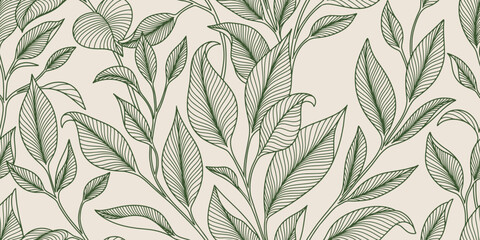 Seamless pattern with linear leaves. Background with line tree branches. Texture with plants © Morena