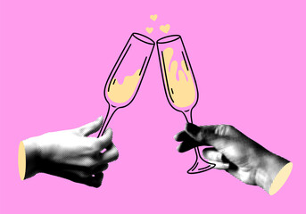 Modern collage with halftone hands holding champagne flutes. Valentines day illustration of couple clinking glasses. Hands holding drinks. People celebrate event together