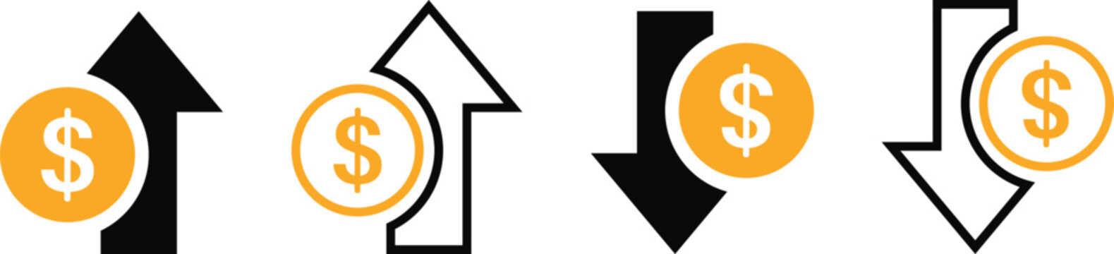Money increase or decrease icon set. dollar decrease increase symbol. profit and lose signs. 
