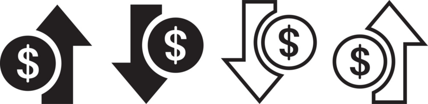 Money increase or decrease icon set. dollar decrease increase symbol. profit and lose signs. 
