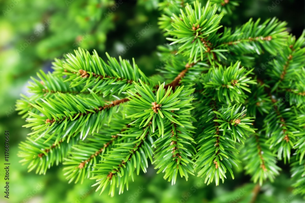 Poster close-up image of vibrant green fir tree branches with sharp pine needles in natural sunlight on a b