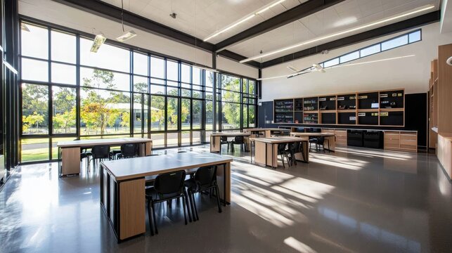 Innovative classroom design featuring learning zones modern educational space interior architecture bright environment wide-angle view collaborative concept for enhanced learning