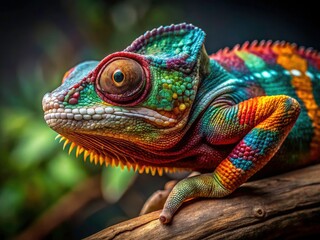 Obraz premium Chameleon Closeup: Vibrant Reptile Skin Texture, Dark Background, Exotic Pet, Nature Photography