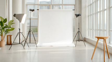 bright, clean workspace featuring photography setup with lights