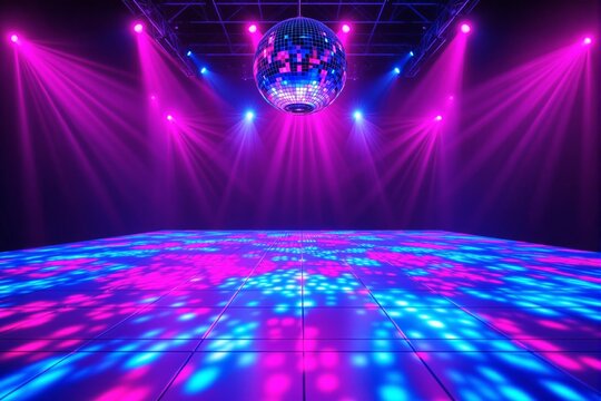 A shiny disco ball reflecting colorful lights, illuminating a dance floor with pink and blue hues, on a dark background. Concept of music, energy, celebration. Ai generative