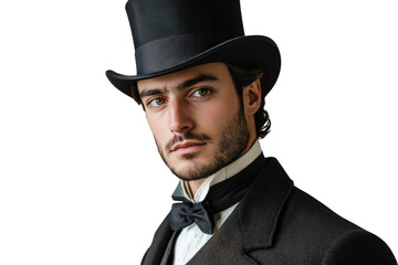 Sophisticated gentleman in vintage attire wearing a top hat and bow tie poses elegantly in a studio setting